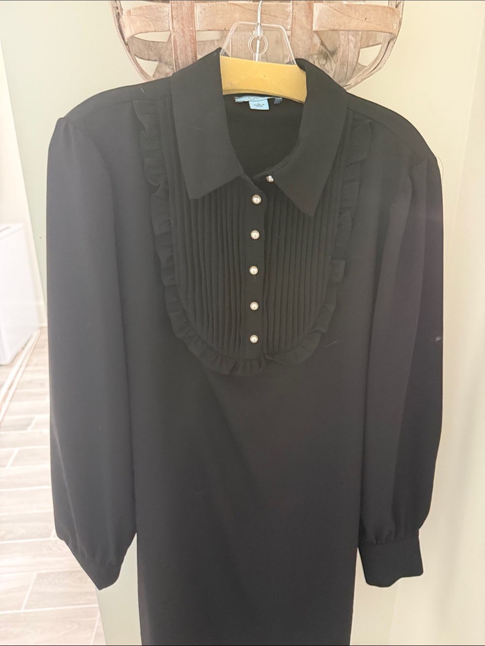 CeCe Black Long-Sleeve Pleated Bib Blouse with Pearl Buttons